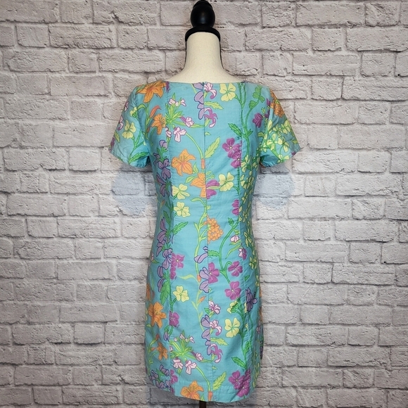 Lilly Pulitzer Dress Vintage Bluee Floral Sassafras Square Neck Sheath Size 8 - Picture 6 of 8